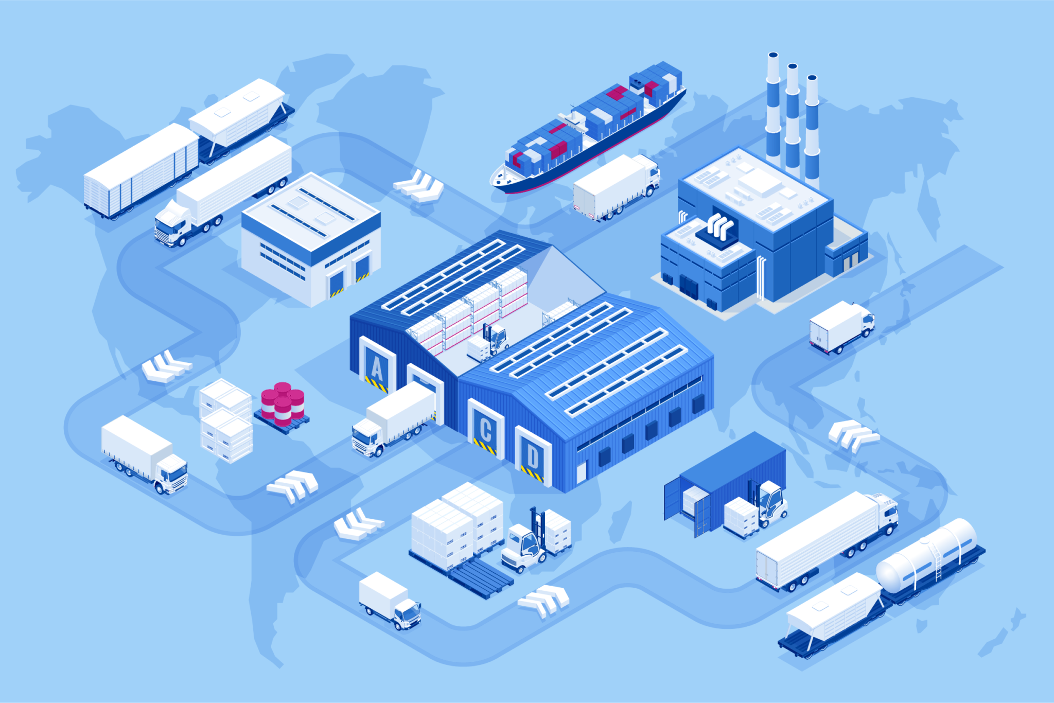 Illustration globaler Lieferkette mit Fabriken, Schiffen und Lkw – Symbol für Lieferkettengesetz und Compliance