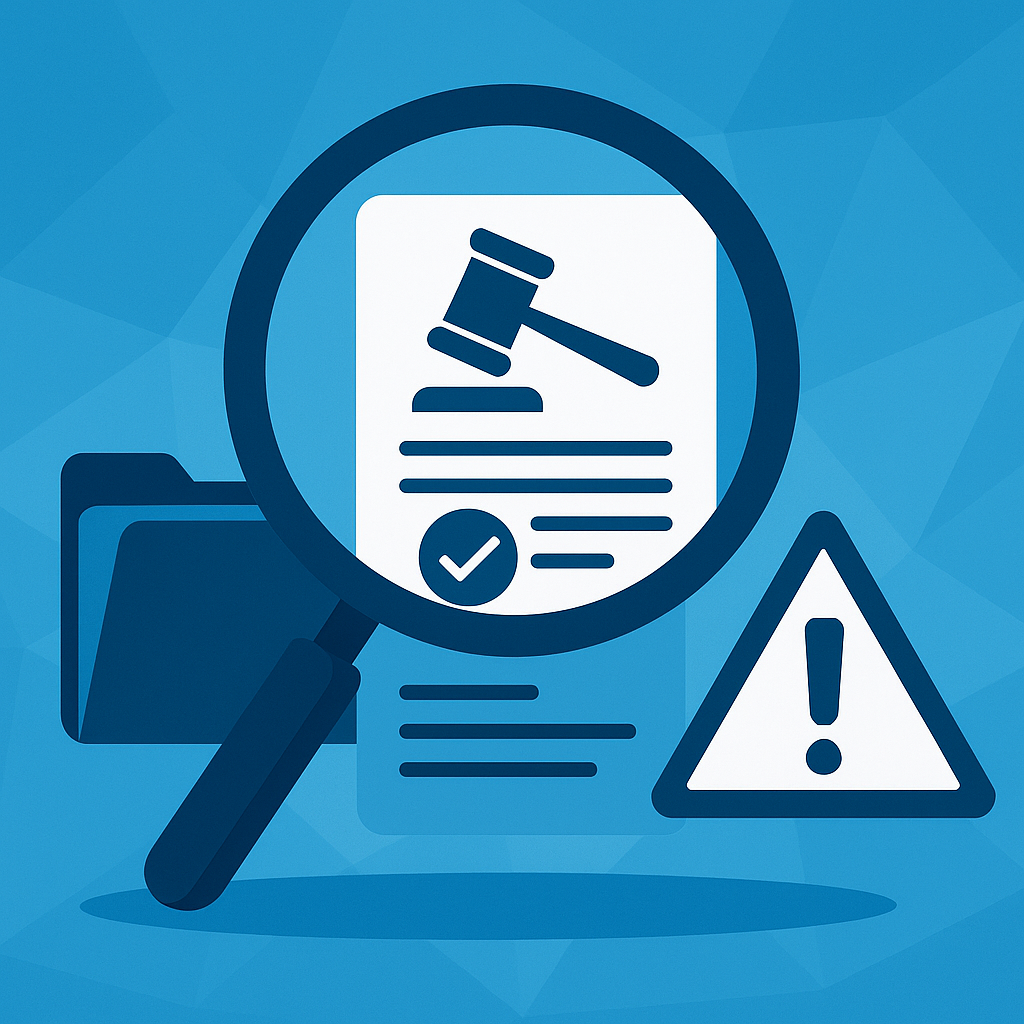 Illustration mit Lupe, Gesetzesdokument und Warnsymbol – Symbol für Compliance- und Rechtsprüfung