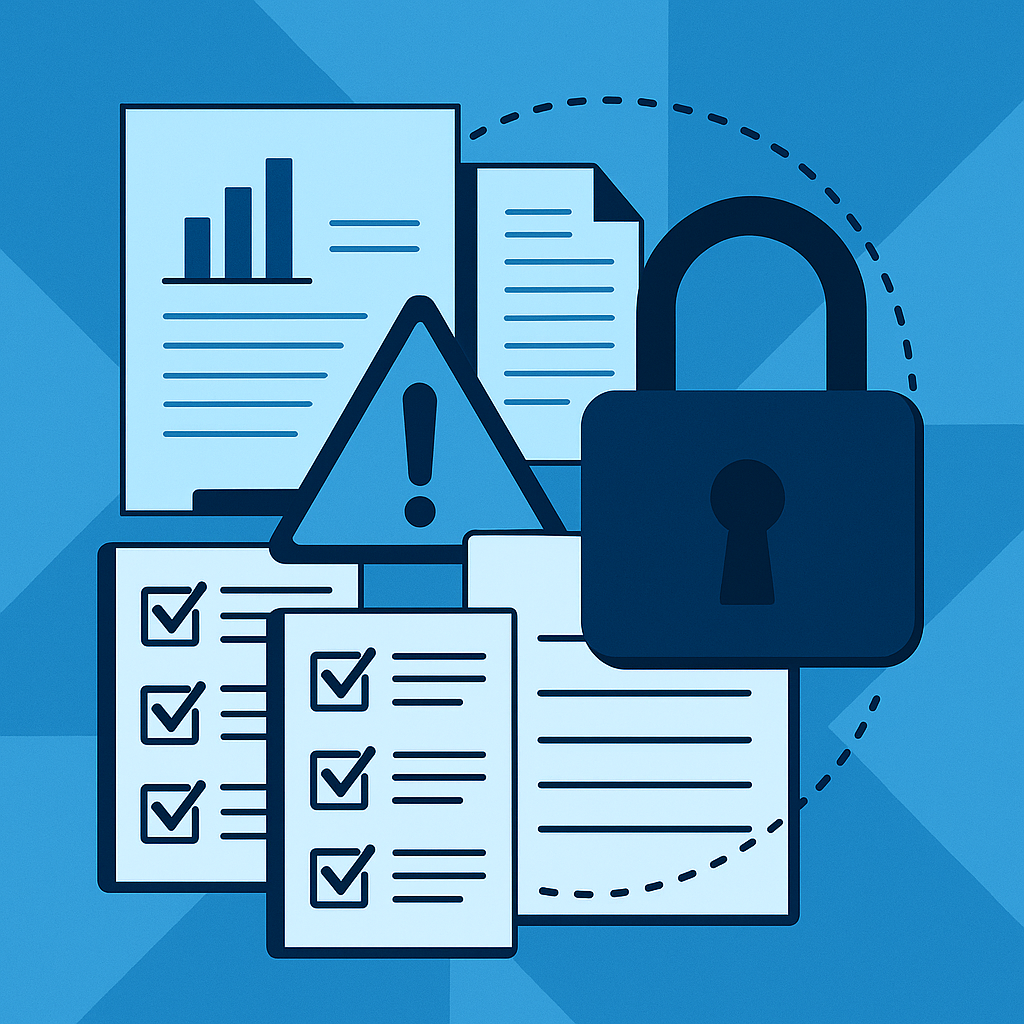 Illustration zu Datensicherheit und Risikomanagement mit Checklisten, Warnsymbol und Schloss